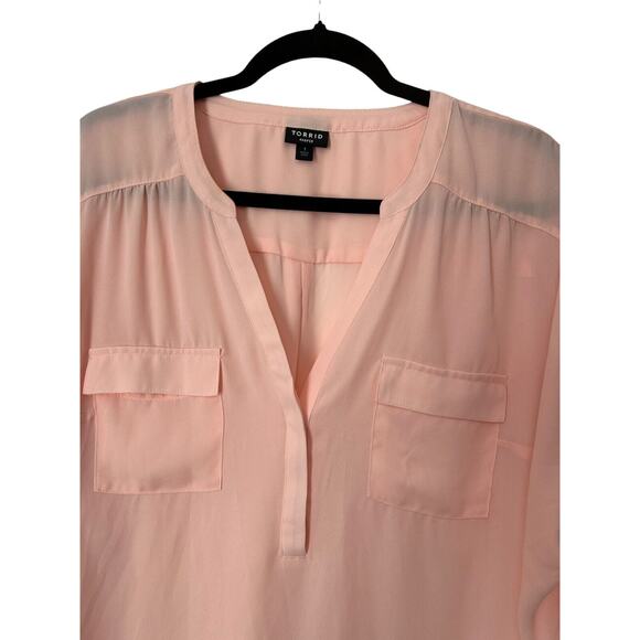 Torrid Top Womens Size 1 Peachy Pink Harper Georgette Pullover 3/4 Sleeve Blouse - Picture 2 of 14